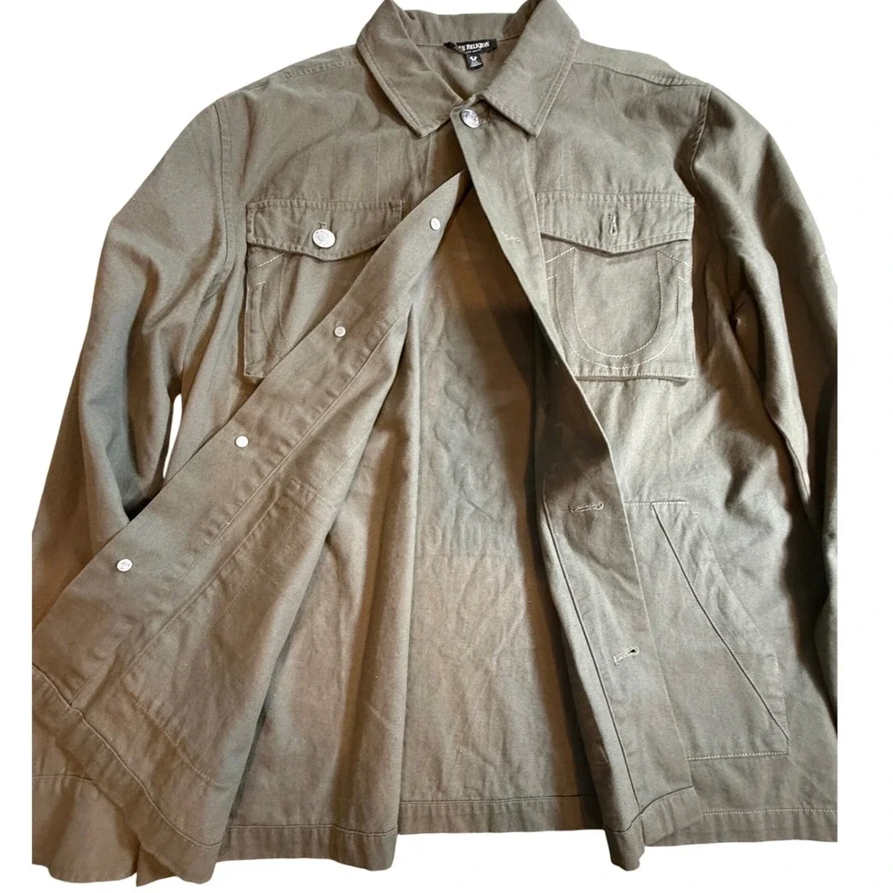 True Religion Mens Olive Green Buddha Graphic Utility Jacket Large Horseshoe
